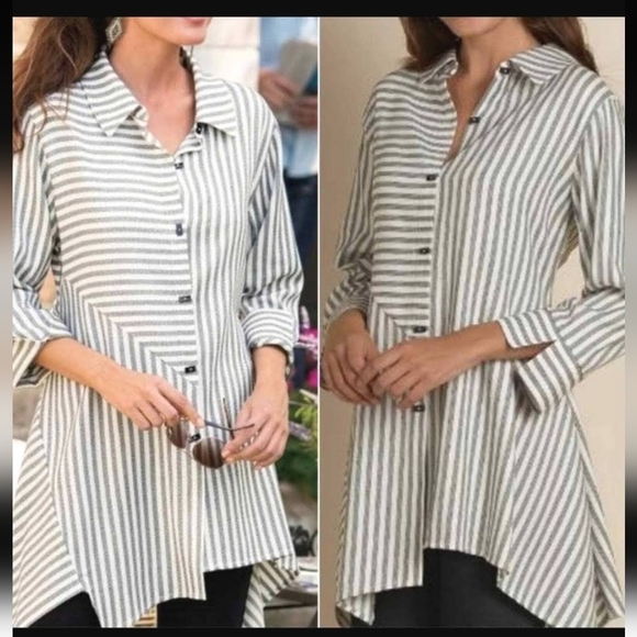 Soft Surroundings Standout Striped Asymmetrical Button Down Shirt Tunic - Picture 1 of 9